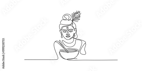 Continuous line drawing of krishna eating from a bowl with a spoon