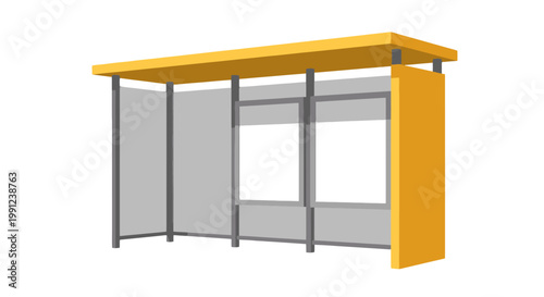 Modern urban bus stop shelter with yellow roof and frame.