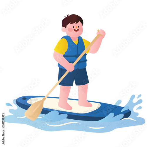 Beach Activity Illustration. Vector illustration of Man paddling on board in water wearing life vest. Isolated on background