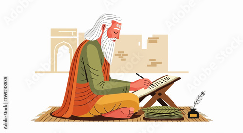 Illustration of an elderly Indian scholar or sage writing on a manuscript.