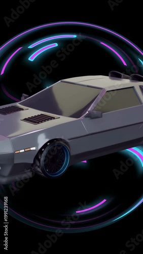 Vertical video: Coupe rotating as camera sweeping neon rings pulsing, cyan beam accenting for auto