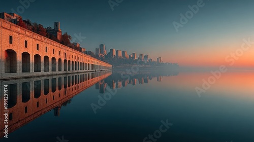 Serene Cityscape Reflection at Dawn Featuring an Ancient Arcade Building and Distant Skyline