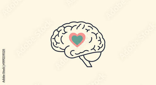 Abstract illustration of a human brain with a heart symbol superimposed over the frontal lobe, representing mental health awareness and emotional well-being