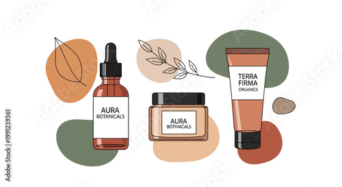 Minimalist illustration of organic skincare products serum bottle, cream jar, lotion tube. Botanical leaves and abstract shapes highlight natural beauty and wellness