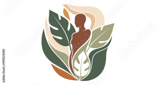 Harmonious abstract depiction of a female form intertwined with lush foliage, symbolizing organic beauty, serene natural wellness, and the profound connection to the earth