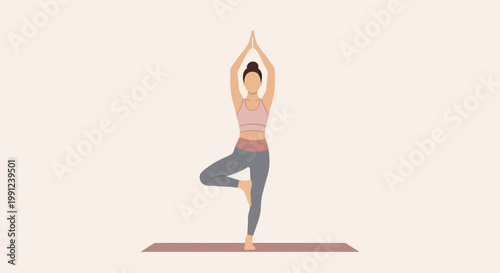 Woman practicing Vrksasana, the Tree Pose, a balancing yoga posture on a mat in a serene studio setting