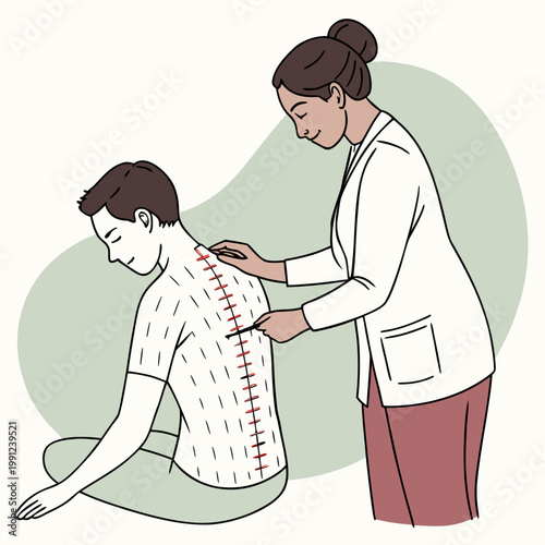 Acupuncture procedure from eastern alternative medicine for man sitting near woman doctor. Girl gives acupuncture to patient to combat pain in spine or osteochondrosis causing poor posture. See Less