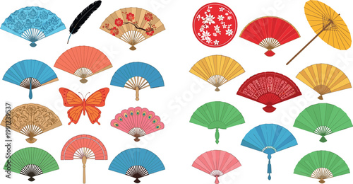 Traditional Asian hand fan collection with decorative patterns parasol feather and butterfly colorful cultural elements vector set isolated