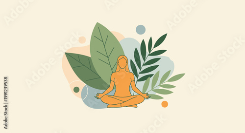 Serene woman meditating surrounded by lush green leaves and abstract organic shapes, embodying peace and mindfulness in nature