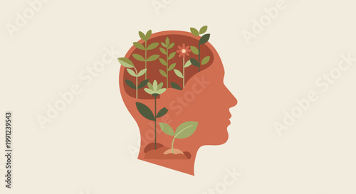A symbolic illustration of a human head with lush green plants growing within, representing the cultivation of ideas, personal growth, mental well-being, and the blossoming of inner potential