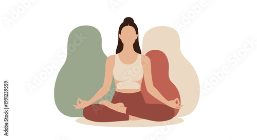 Woman in meditation pose with abstract organic shapes in muted pastel colors, representing mindfulness and inner peace