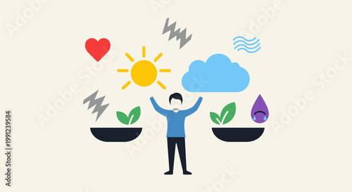 Abstract illustration of a person balancing elements of nature and wellness, representing harmony and well-being