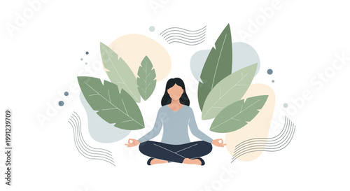 Serene woman meditating amidst nature's foliage, finding inner peace and mindfulness