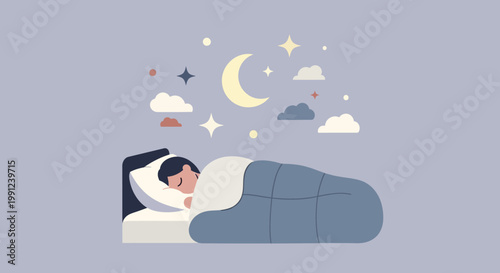 Relaxing slumber concept with an individual enjoying deep sleep under a dreamy sky filled with glowing stars and a crescent moon, perfect for wellness and bedtime themes