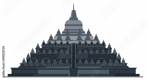 Simple Vector Illustration of Borobudur Temple Indonesia, Minimalist Symmetrical Design