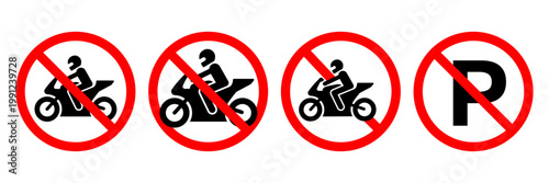 No parking vector signs set. Don't park here icon. No motorcycle sign. Parking prohibited symbol. No motorcycle allowed sign red circle line vector isolated illustration.