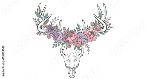 Boho deer skull with floral crown vector, rustic animal head with pink and purple roses, vintage woodland antler illustration for wedding invitations