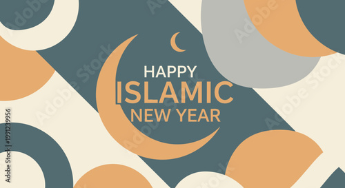 Happy Islamic New Year Greeting Card with Crescent Moon and Geometric Shapes