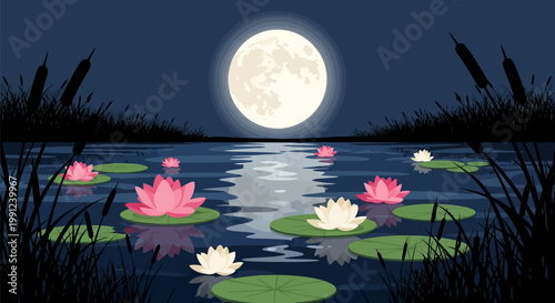 Beautiful pink and white lotus flowers blooming on a quiet pond under the full moon light.