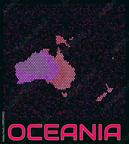 Oceania digital style hexagon map. Vibrant magenta purple pink neon dotted shape. Continent tiny bright hexagon cells. Oceania honeycomb map design. Creative Vector Illustration.
