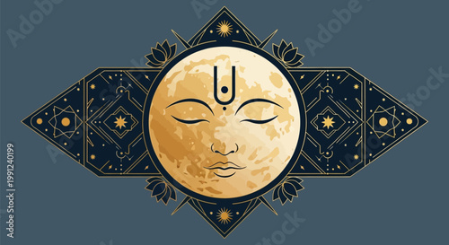 Spiritual Celestial Face with Tilak and Closed Eyes in Geometric Ornament.