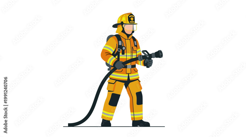 Fototapeta premium Front view of a brave firefighter in full protective gear and helmet, holding a high-pressure hose nozzle, ready to combat a blaze, depicted in a clean vector art style.