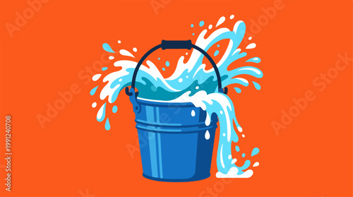 Blue bucket with water splashing out.