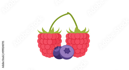 Fresh red raspberries and blueberries on white background.