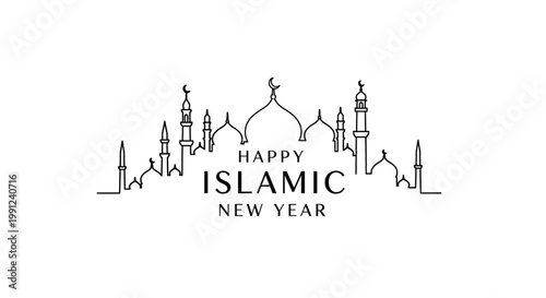 Happy Islamic New Year, Mosque Skyline Silhouette, Arabic Culture Celebration