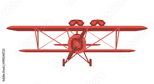 Front view of a vintage red biplane with pilot goggles.