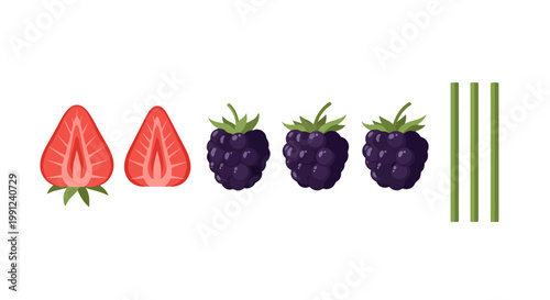 Fresh strawberries and blackberries with green stalks on white background.