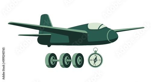 Illustration of a dark green airplane with landing wheels and a compass.