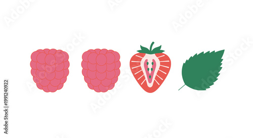 Set of fresh raspberries and a sliced strawberry with a green leaf.
