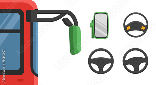 Set of isolated vehicle parts including bus mirror and steering wheels.