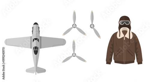 Vintage aviation set with a classic propeller airplane pilot leather jacket and goggles.