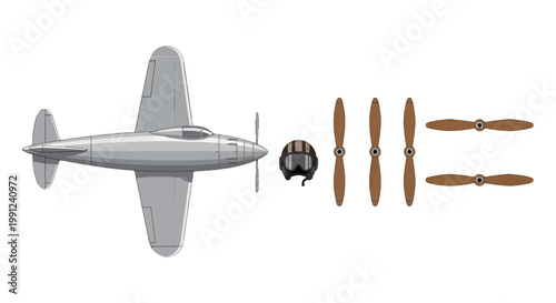 Vintage silver airplane with pilot helmet and wooden propellers.