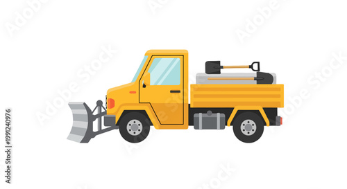 Yellow snow plow truck with shovel on back isolated on white background.
