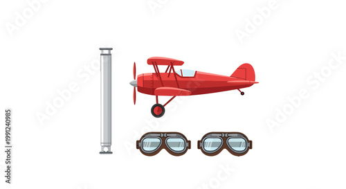 Vintage red biplane with classic aviator goggles and propeller.