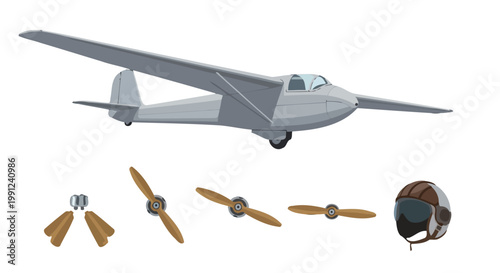 Vintage light aircraft and wooden propellers with aviator helmet illustration.