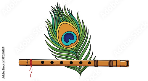 Peacock feather and bamboo flute illustration on white background.