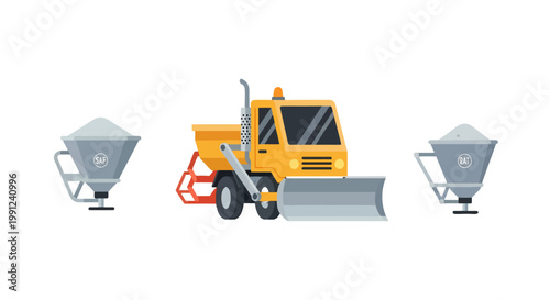 Yellow Winter Road Maintenance Truck with Salt Spreaders.