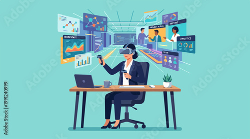 Businessman wearing virtual reality headset.