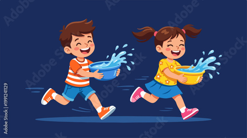 Children Playing With Water Bowls Outdoors.