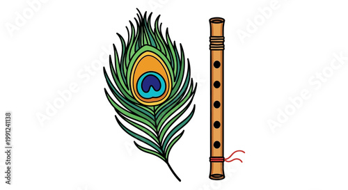 Vibrant Illustration of a Peacock Feather and a Traditional Wooden Bamboo Flute.