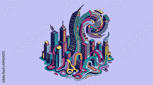 Cityscape with colorful swirling design elements.