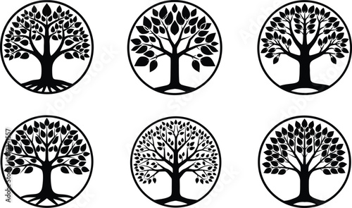 Collection of circular tree silhouettes