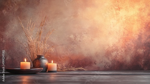 Calm scene with candles, vase, and dried flowers on wooden surface against textured wall