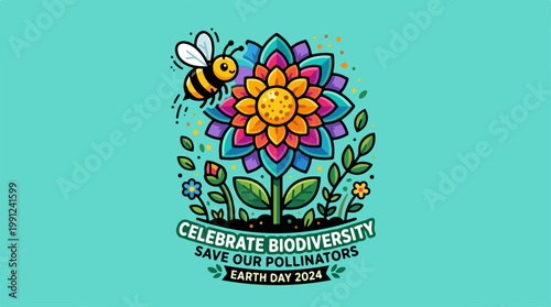 Colorful flower with bee pollinator.