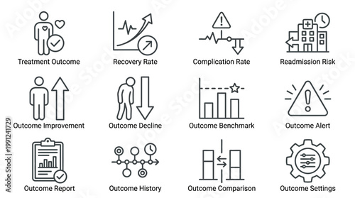 A set of 10 minimalist line icons depicting various medical and healthcare related concepts, including treatment outcomes, recovery rates, and complication risks.