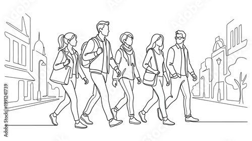 Continuous line drawing of diverse group of young adults walking together in unison on city street with modern buildings in the background, simple stylized illustration in a single line art 